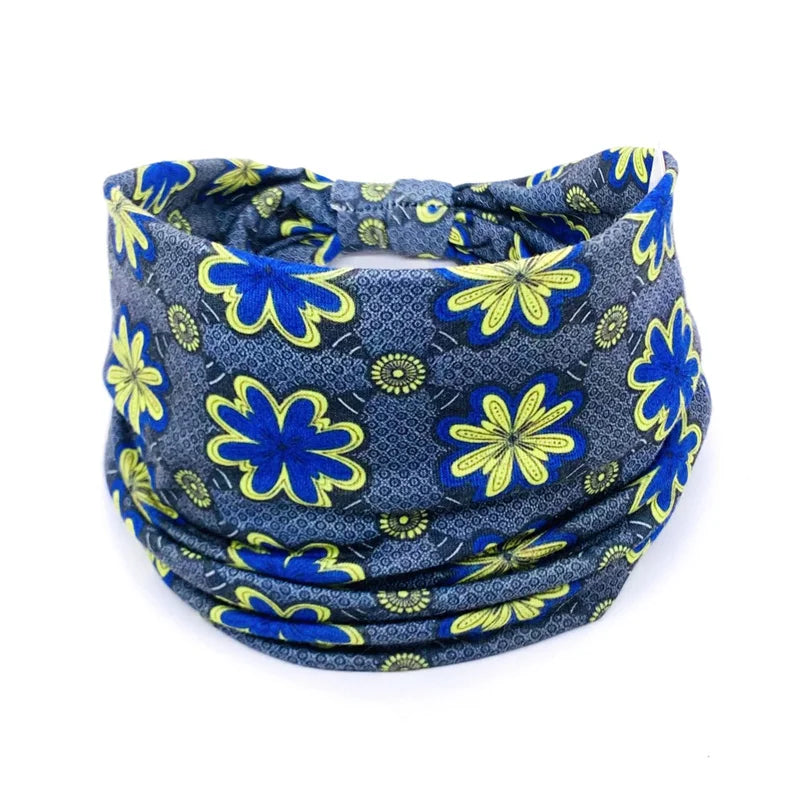 Blue and yellow patterned bohemian stretch cotton headband