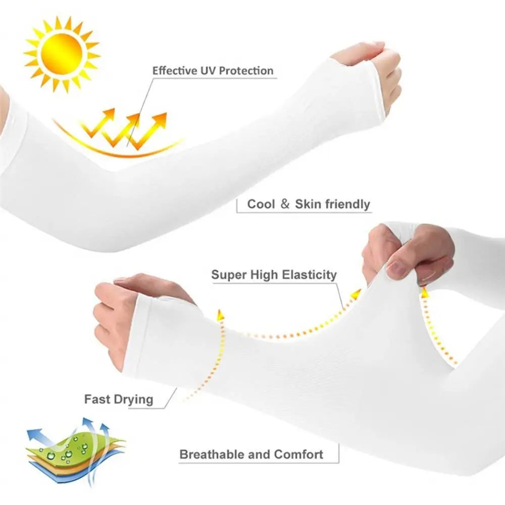 Manches sans doigts blancs anti-UV, démontrant la protection UV, l'élasticité et le confort.