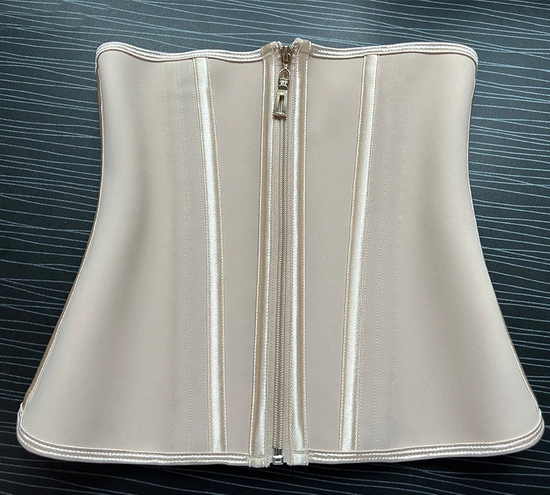 A beige double compression waist trainer corset body shaper with a zipper closure.