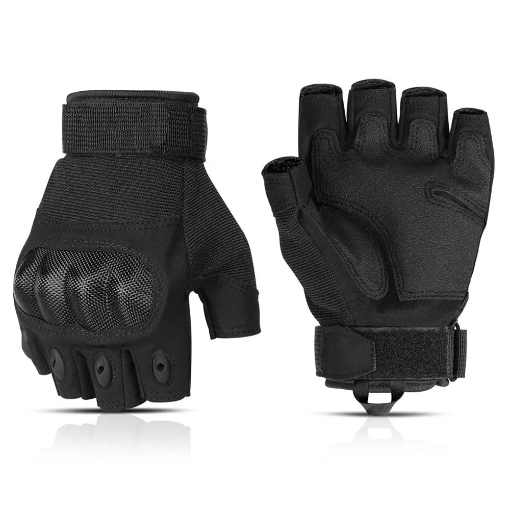 A pair of black tactical fingerless gloves shown from the palm side.