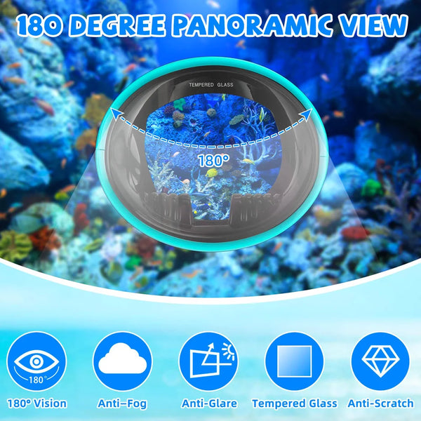 A circular lens showing an 180 degree panoramic view of underwater scenery, highlighting features like anti-fog and tempered 