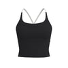 Black supportive women's sports bra with white adjustable straps