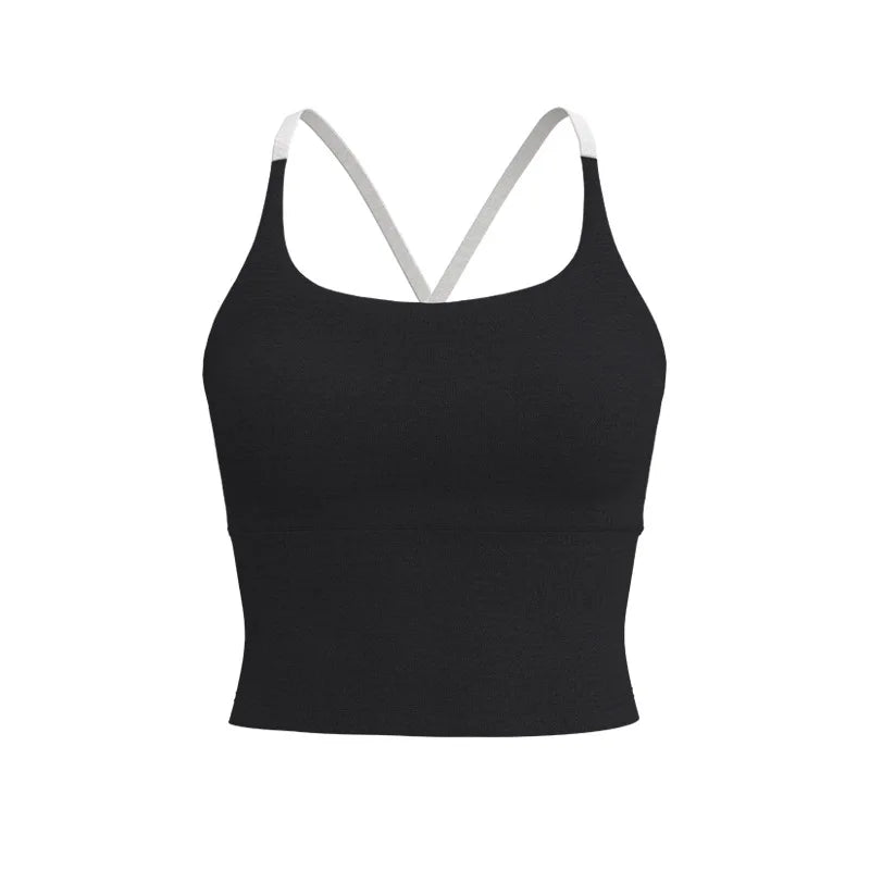 Black supportive women's sports bra with white adjustable straps
