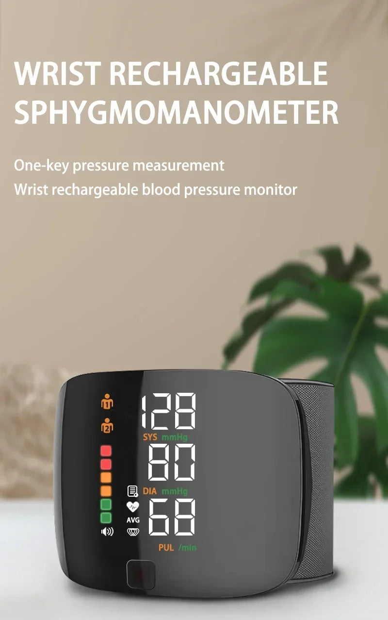 A black wrist rechargeable sphygmomanometer displaying blood pressure readings and a pulse rate.