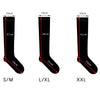 Three pairs of black compression socks labeled S/M, L/XL, and XXL showing various heights.