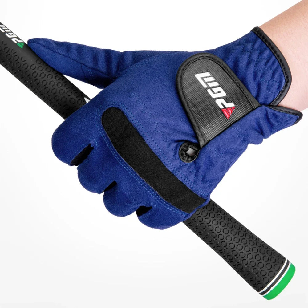 A blue golf glove with black accents is shown on a hand, ready for use.