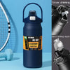 A dark blue insulated stainless steel water bottle with a black lid and straw, shown next to various drinking methods.