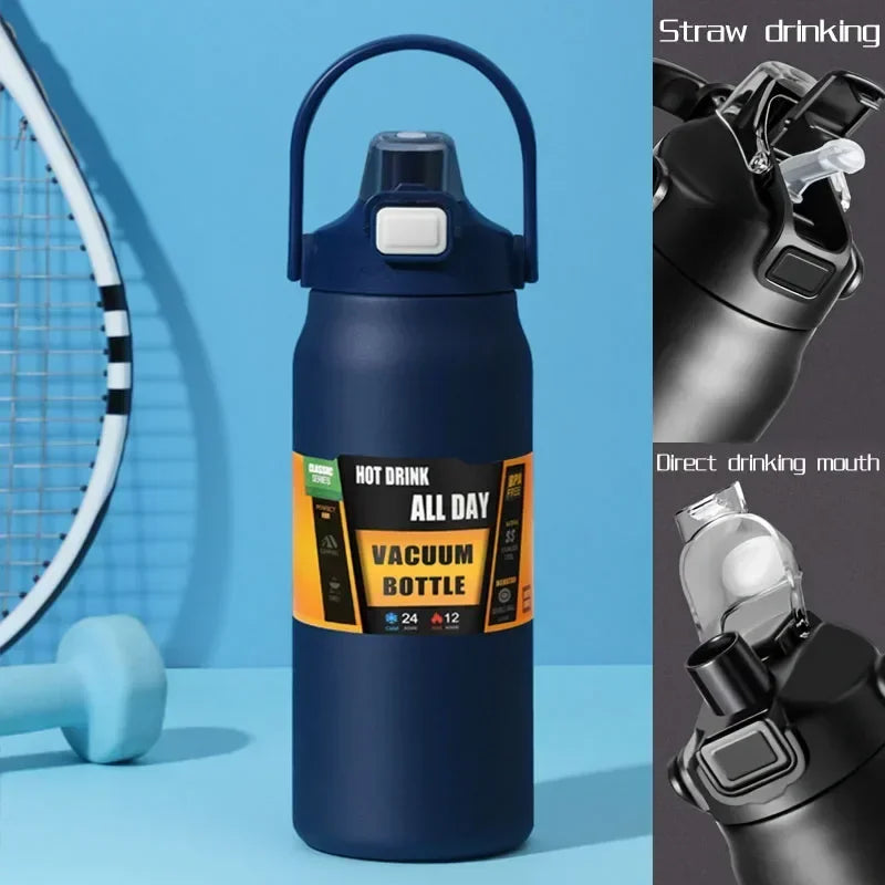 A dark blue insulated stainless steel water bottle with a black lid and straw, shown next to various drinking methods.