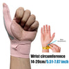 Eine Hand trägt eine rosa Handgelenkbandage, die die Umfangsmessung des Handgelenks demonstriert.