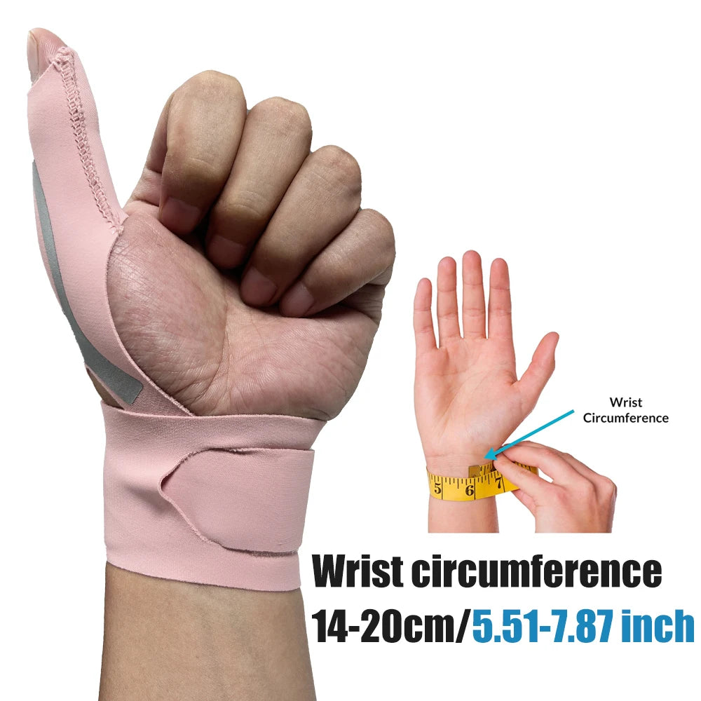 Eine Hand trägt eine rosa Handgelenkbandage, die die Umfangsmessung des Handgelenks demonstriert.