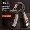 Black mechanical adjustable gripper hand strengthener with a spring mechanism and weight scale.