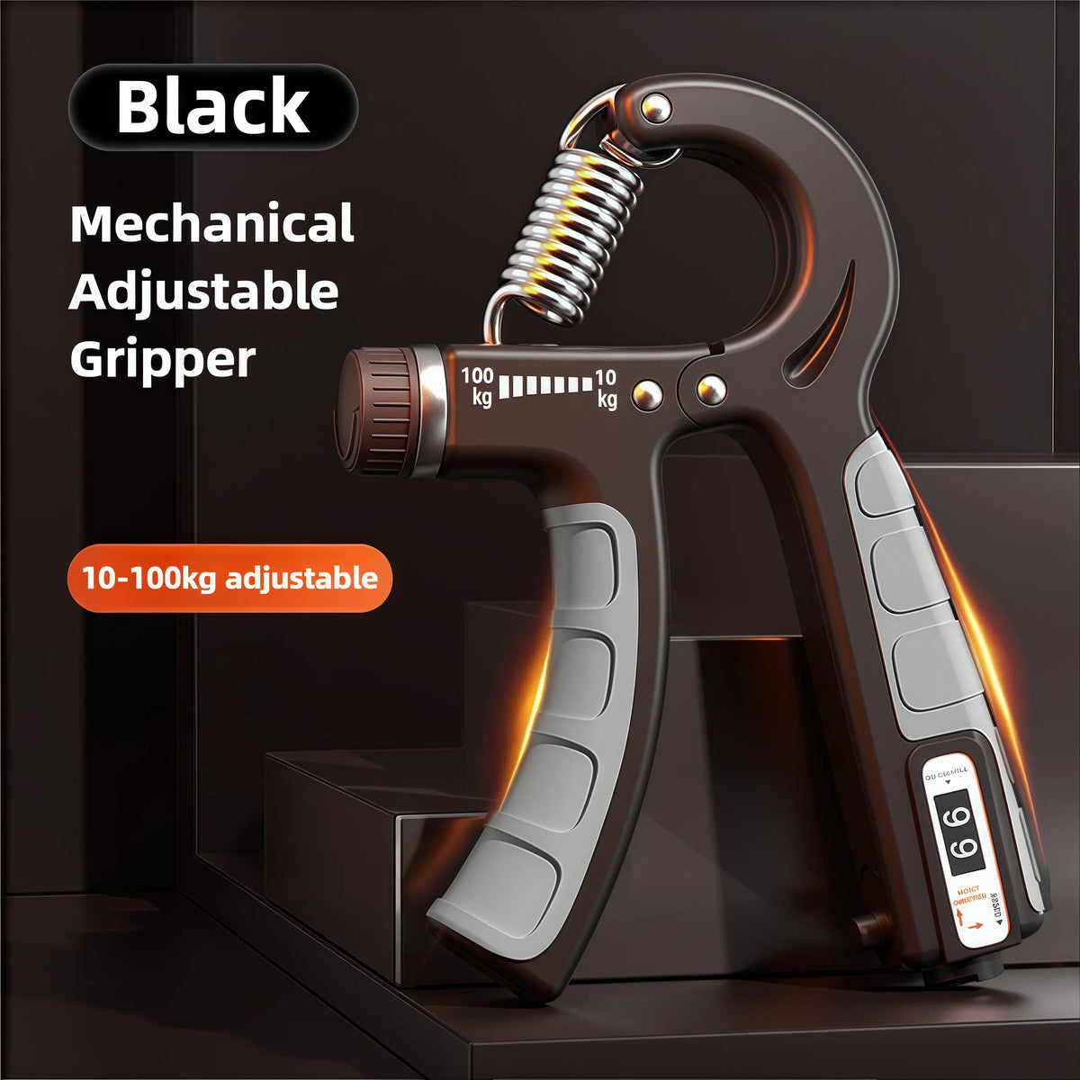 Black mechanical adjustable gripper hand strengthener with a spring mechanism and weight scale.