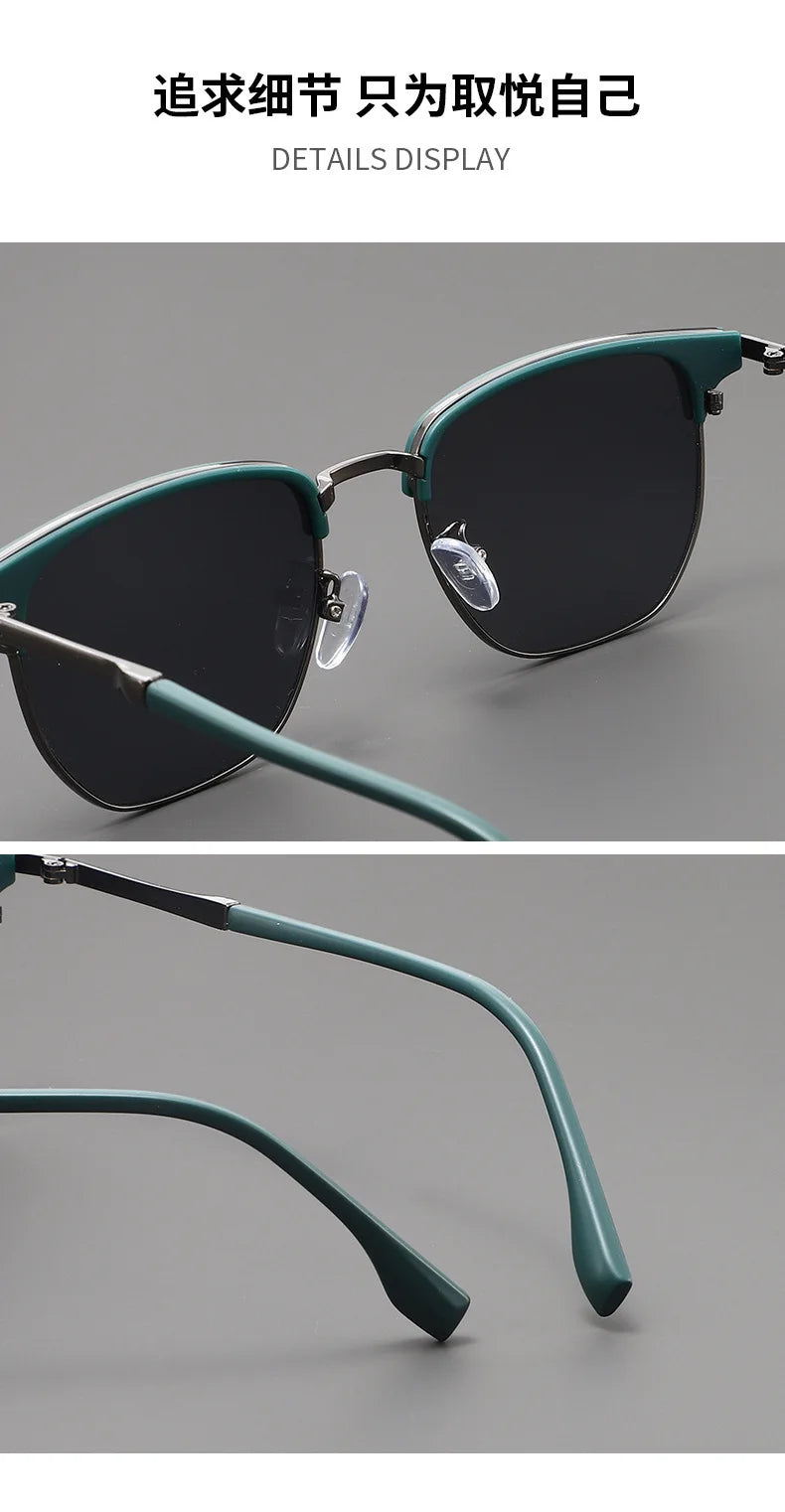 A close-up display of teal metal frame sunglasses with dark lenses shown from the front and side.