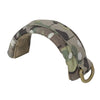 Olive drab tactical modular headset protection cover with a leather loop.
