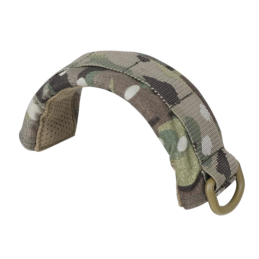 Olive drab tactical modular headset protection cover with a leather loop.