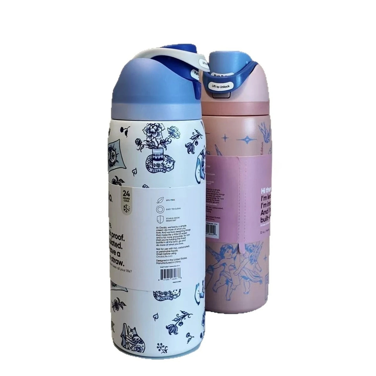 A 32oz stainless steel vacuum insulated water bottle in light blue and pink with a straw cap.
