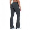A model wearing dark gray seamless flared yoga leggings and a sports bra.