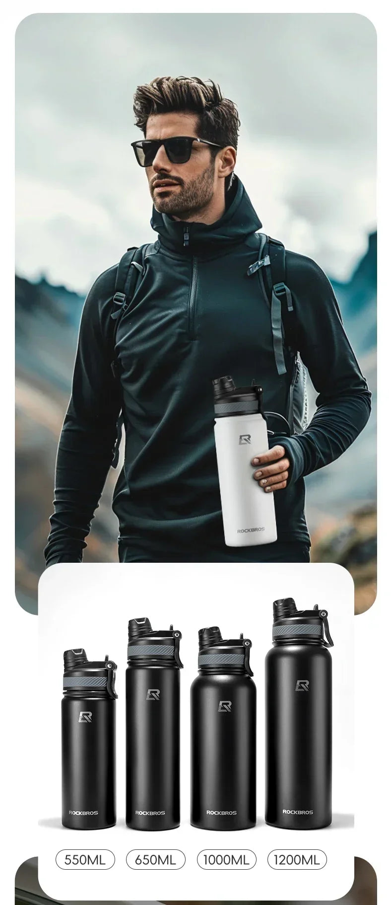 A man wearing a black athletic shirt holds a white insulated stainless steel thermal water bottle.