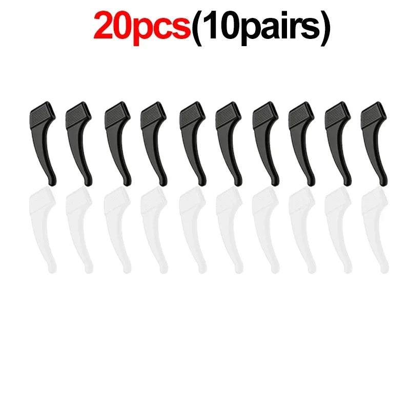 A set of 20 silicone eyeglass ear hooks for anti-slip grip, shown in various angles.