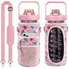 A pink protective water bottle sleeve with a mesh pocket for a phone and a carrying strap.