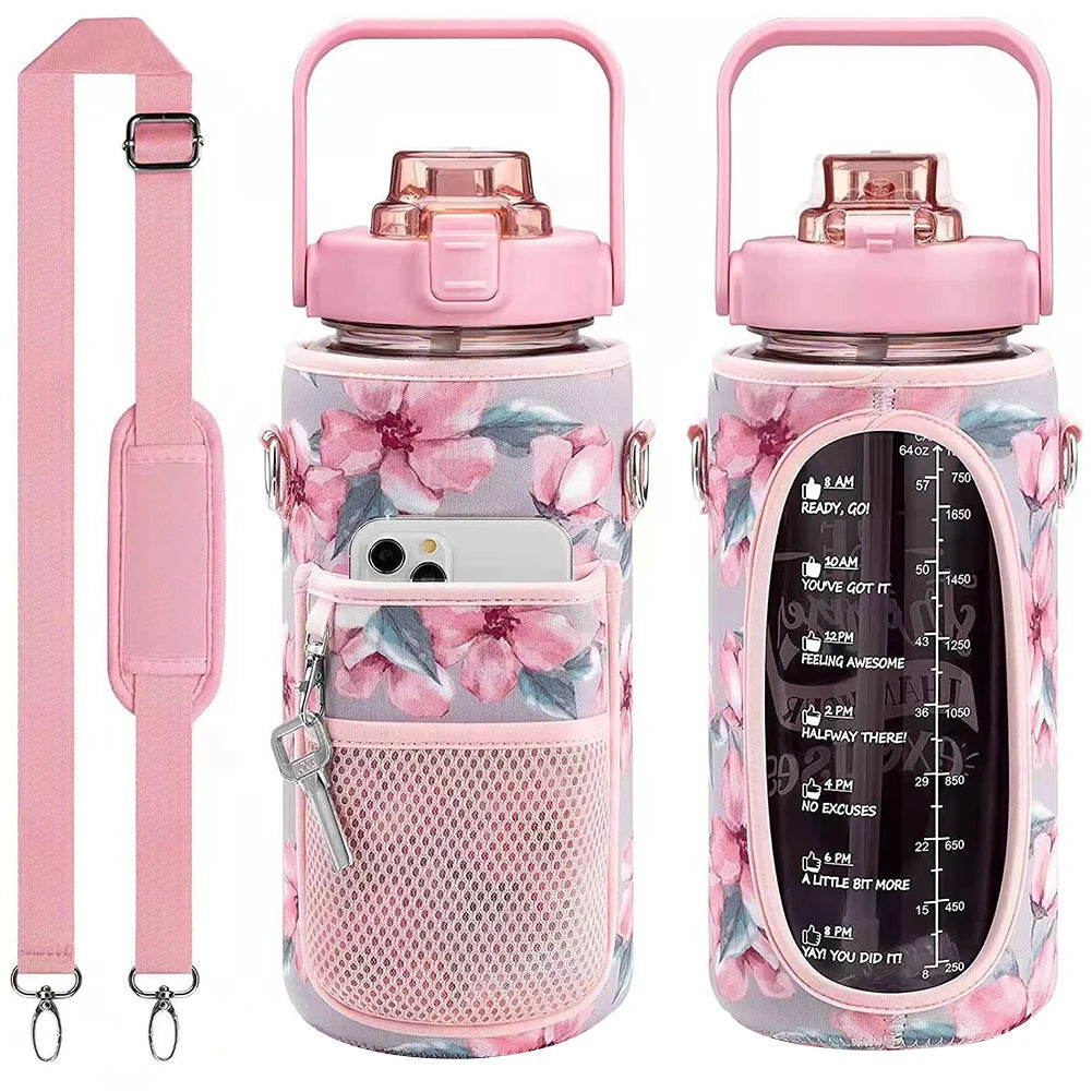 A pink protective water bottle sleeve with a mesh pocket for a phone and a carrying strap.