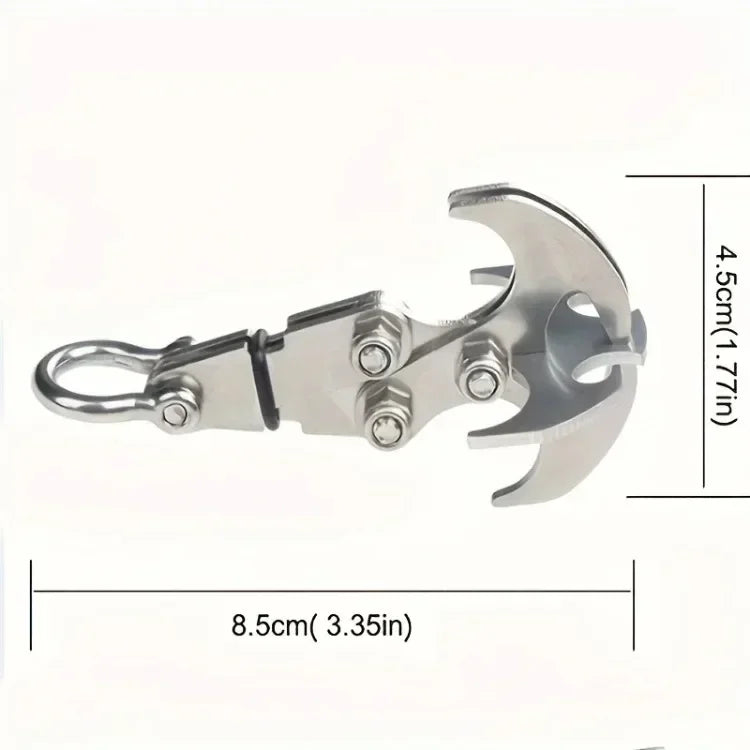 Stainless steel folding grappling hook with a curved hook and a loop, shown against a white background.