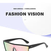 A pair of pink and green gradient retro square sunglasses with black frames shown against a white background.