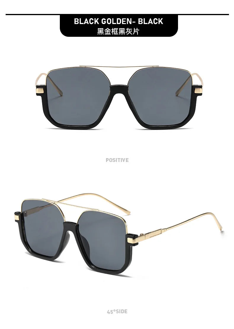 Black golden double beam sunglasses shown from the front and side views.