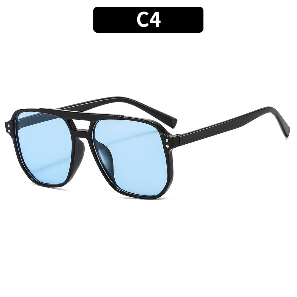 Black vintage square sunglasses with blue mirrored lenses and double bridge