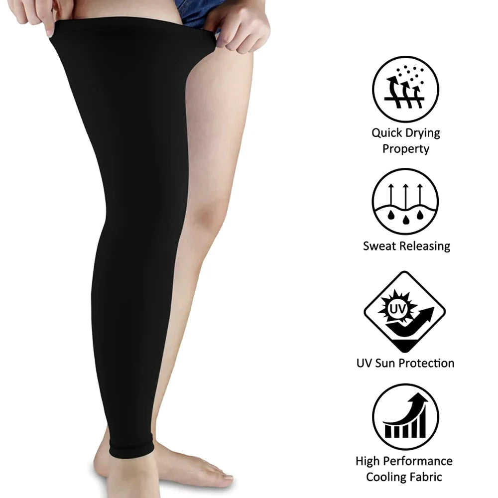 Black full leg compression sleeve worn on a person's leg, highlighting its features.