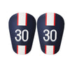 A pair of navy blue mini football shin guards featuring white and red stripes on the top.