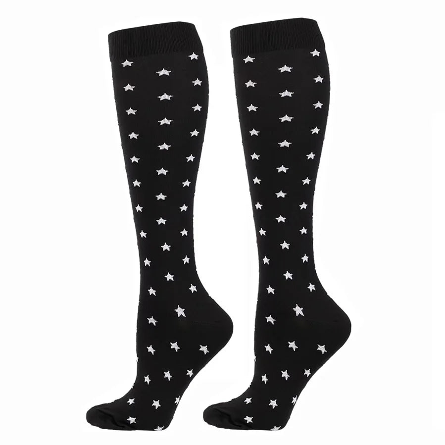 Black compression elastic socks with a white star pattern