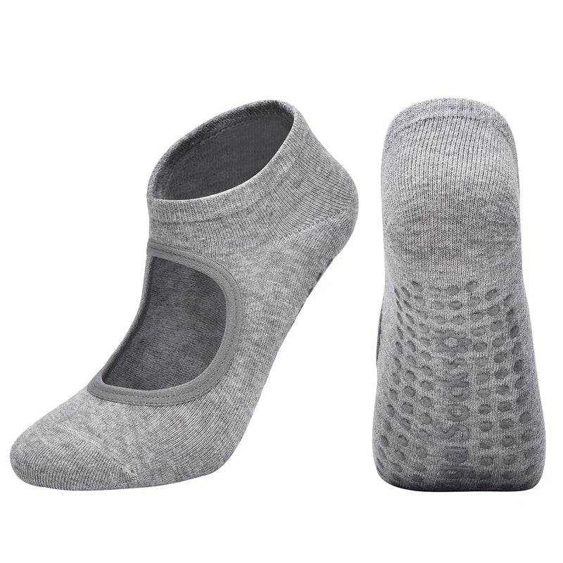 Gray breathable women's pilates and yoga socks shown from the side