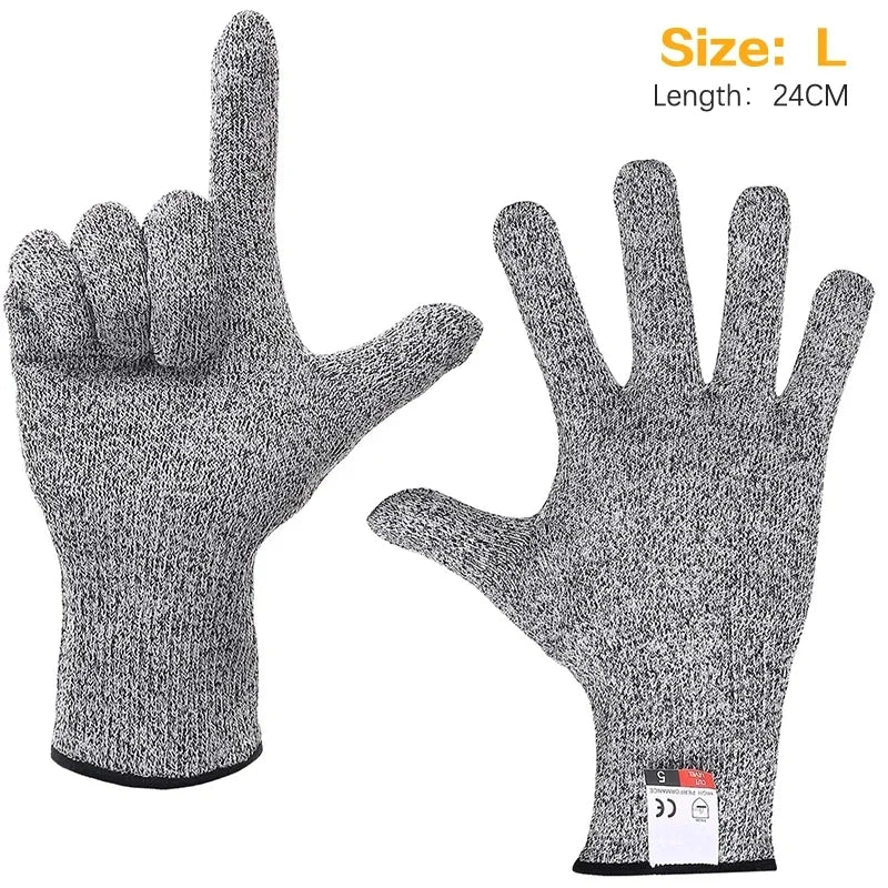 A pair of gray knitted protection gloves with a large hand, showing the size and length details.