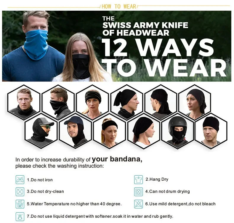 A guide showing various ways to wear a Swiss army knife of headwear and washing instructions for a bandana.