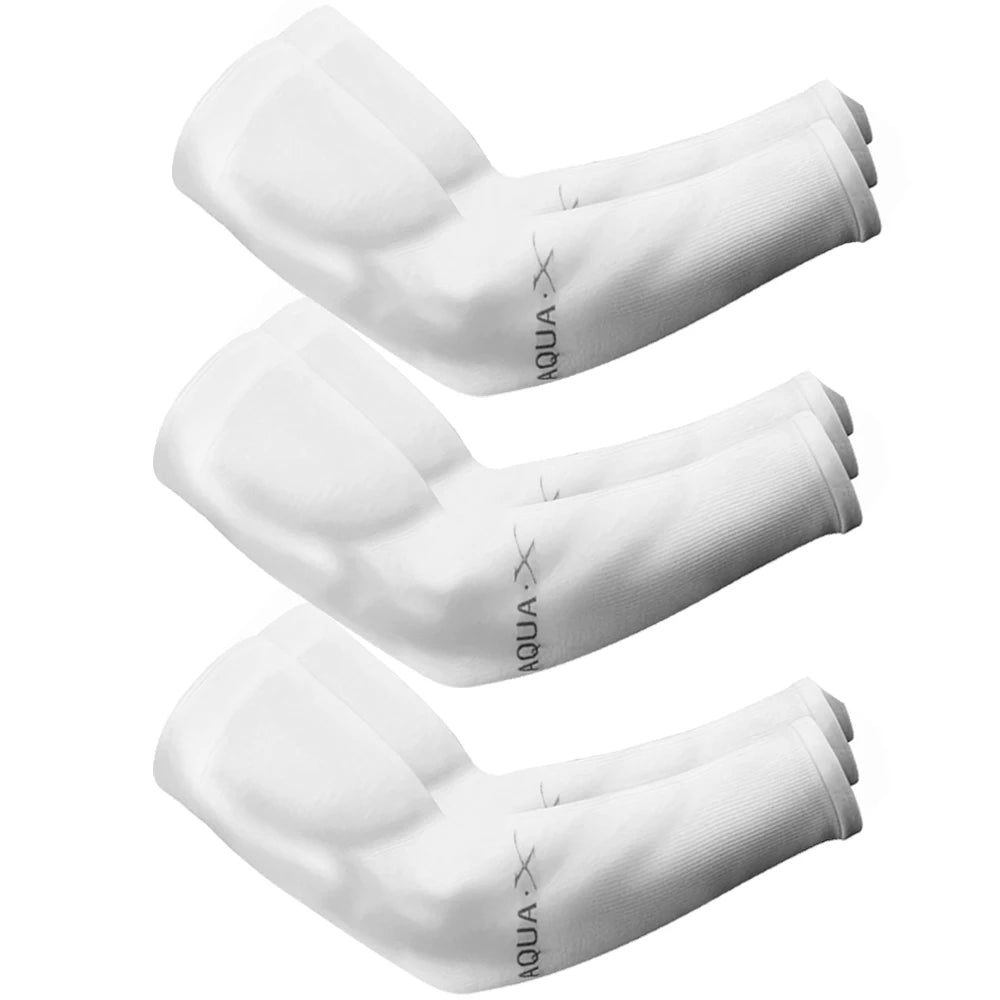 White unisex sun protection arm sleeves shown in a stacked arrangement.