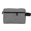 A gray waterproof cosmetic and travel pouch with a black zipper and strap.