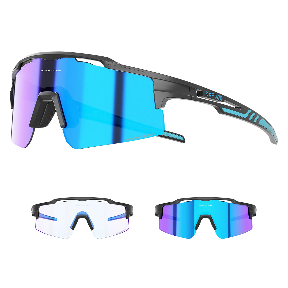 A pair of purple and blue photochromic cycling sunglasses with black frames shown from the side and front.