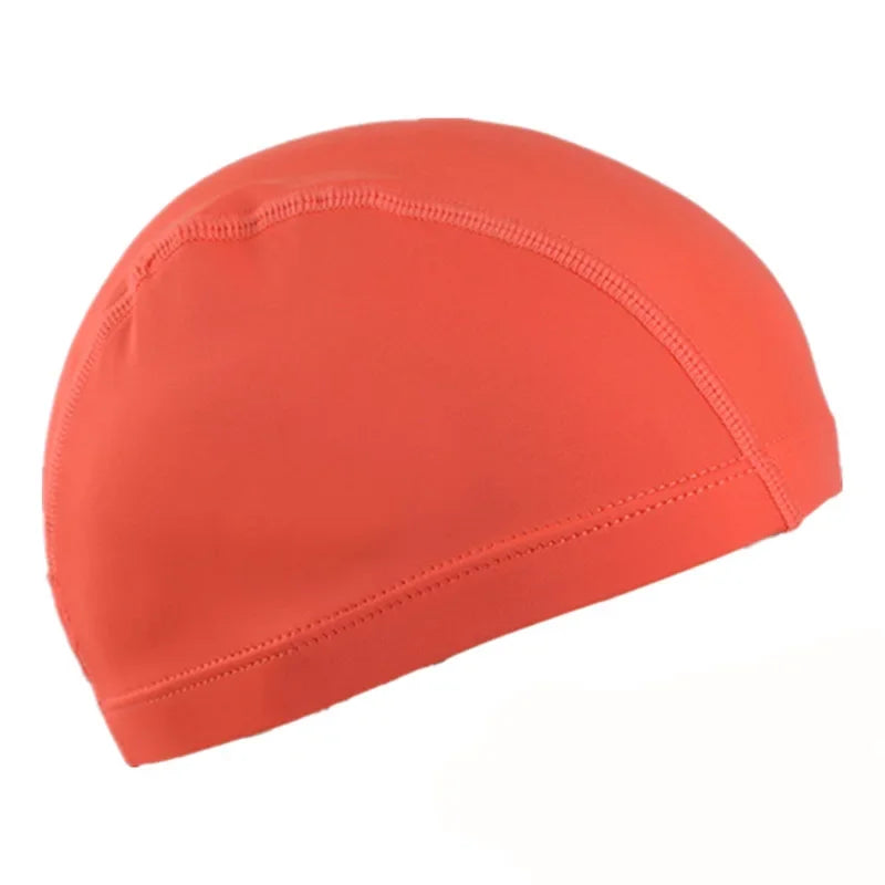 A bright coral orange swimming cap made of ultra-thin nylon for hair protection.