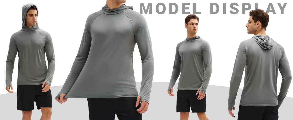 Vier Modelle zeigen den Herren-UV-Schutz-Lightweight-Hoodie in grau mit schwarzen Shorts.