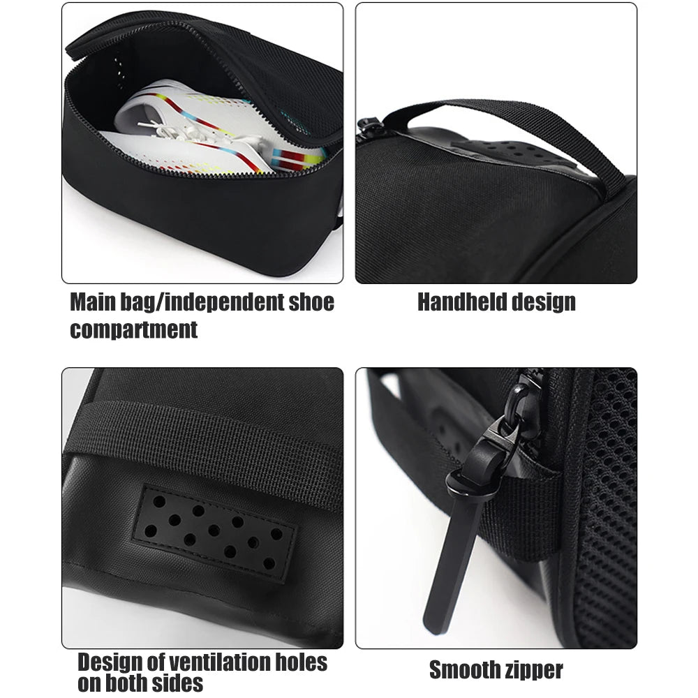 Black waterproof sports shoe carrier bag showing its main compartment, handheld design, ventilation holes, and smooth zipper.