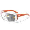 Orange photochromic sports sunglasses with clear frames and yellow lens tint
