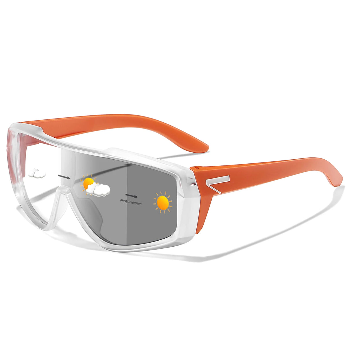 Orange photochromic sports sunglasses with clear frames and yellow lens tint