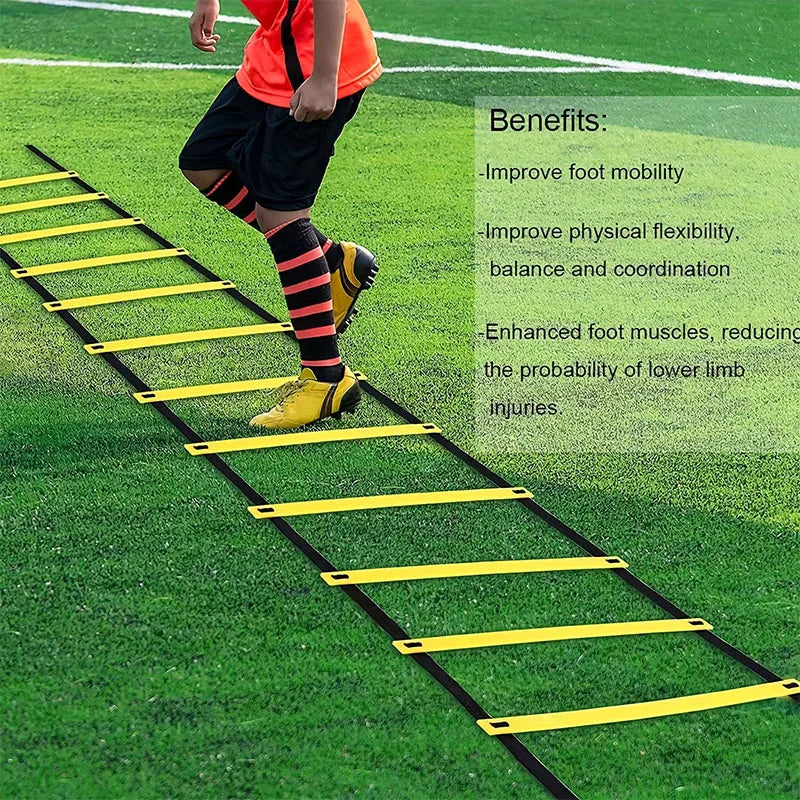 A person is shown stepping through a yellow agility ladder laid on green grass, demonstrating footwork for sports training.