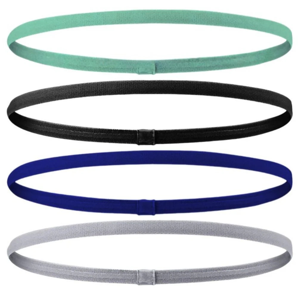 Ein Set von vier Unisex-Elastik-Sport-Headbands in Teal, Schwarz, Blau und Grau.