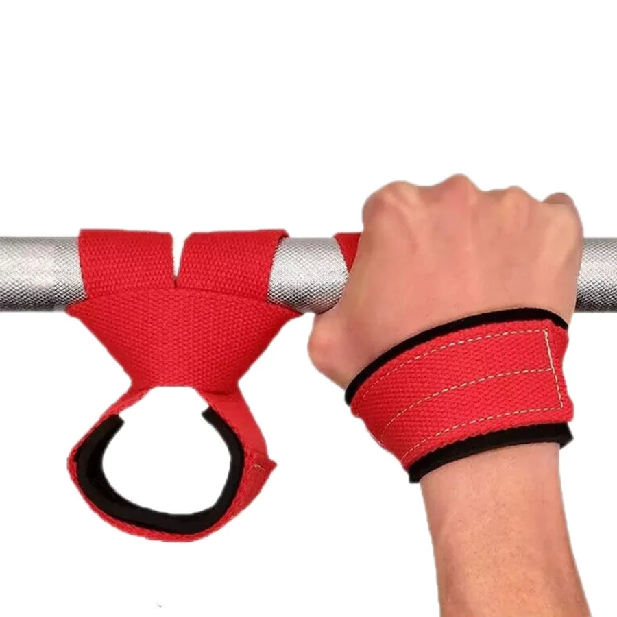 A hand wearing a red gym lifting strap wrist support attached to a silver bar.