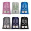 A set of ten reusable non-woven shoe storage bags in various colors including pink, white, green, and blue.