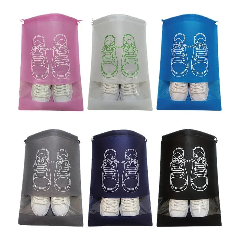 A set of ten reusable non-woven shoe storage bags in various colors including pink, white, green, and blue.