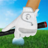 A white microfiber golf glove is shown being worn on a hand, positioned over a golf club against a green background.