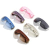 A collection of Y2K futuristic gradient sunglasses in pink, blue, and brown shades.